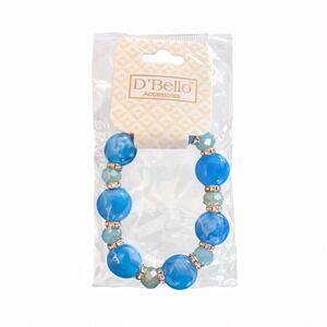 D'Bello Blue Beaded Stretch Bracelet‎ Womens Faceted Rhinestone Gold Jewelry NEW